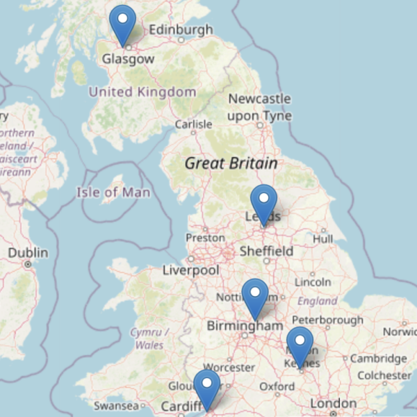 A map of the UK, with 5 site locations pinned on the map